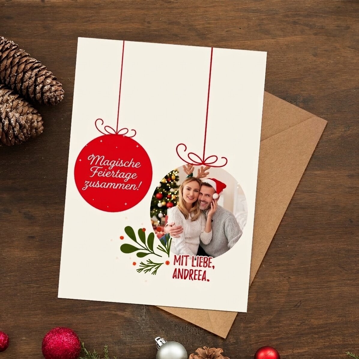 Personalisierte Magnetkarte mit einem Foto in Form einer Weihnachtskugel für Paare