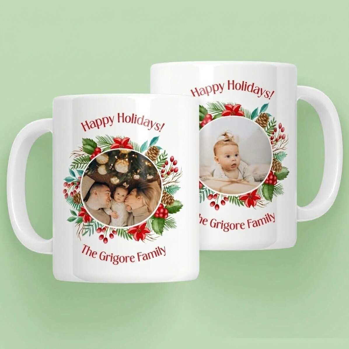 Personalisierte Tasse mit 2 Fotos und einer Botschaft – Frohe Feiertage!