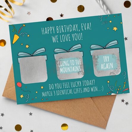 Personalised scratch card with message - Match 3 gifts and win