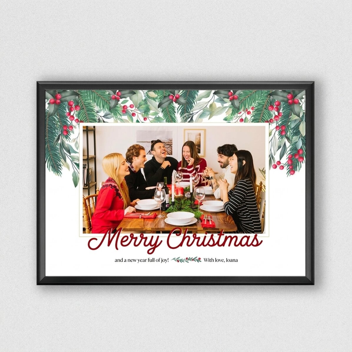 Individuell gestaltetes Weihnachtsbild mit Text und einem Familienfoto