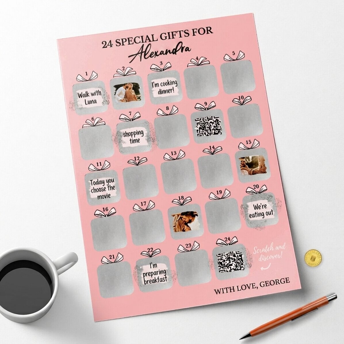 Individuell gestaltbares Rubbel-Adventsplakat mit Fotos, Botschaft und QR-Code