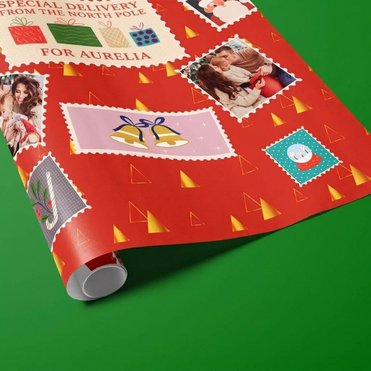 Individuell gestaltetes Geschenkpapier mit 4 Fotos und Text – Weihnachtsbriefmarken