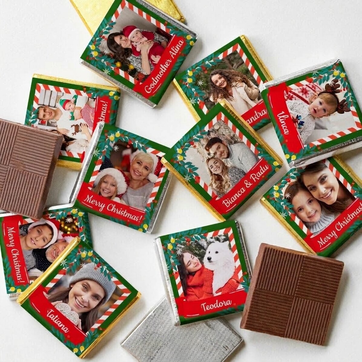 Set mit 10 personalisierten Mini-Pralinen mit Fotos und Namen – Märchenhafte Weihnachten