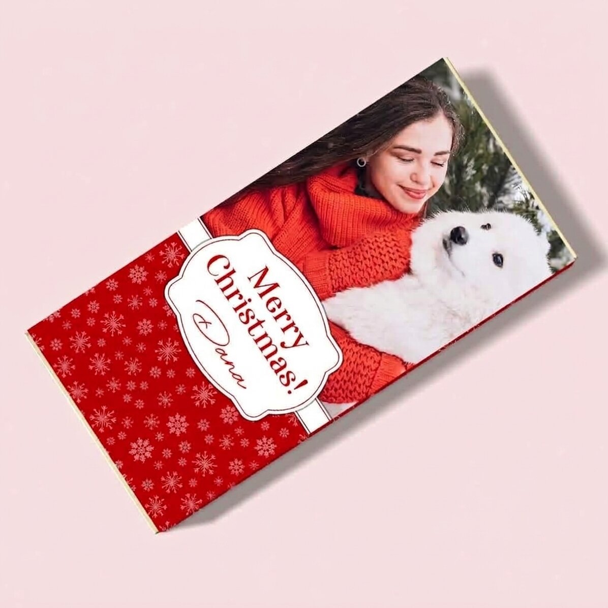 Personalisierte Schokolade mit einem Foto und einer Weihnachtsbotschaft – Schneeflocken