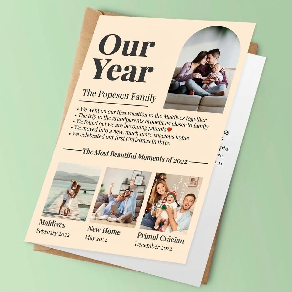 Personalisierte Grußkarte mit 4 Familienfotos und Text – Unser Jahr in Bildern