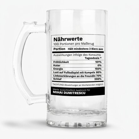Personalisierter Bierkrug mit Text – Lustige Nährwertangaben