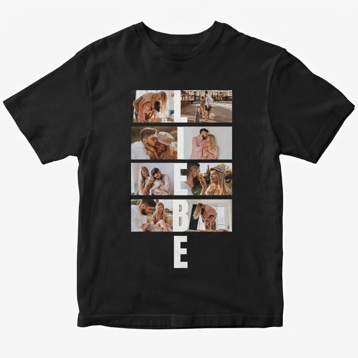 Personalisiertes Baumwoll-T-Shirt mit 8 Fotos und Text – LOVE