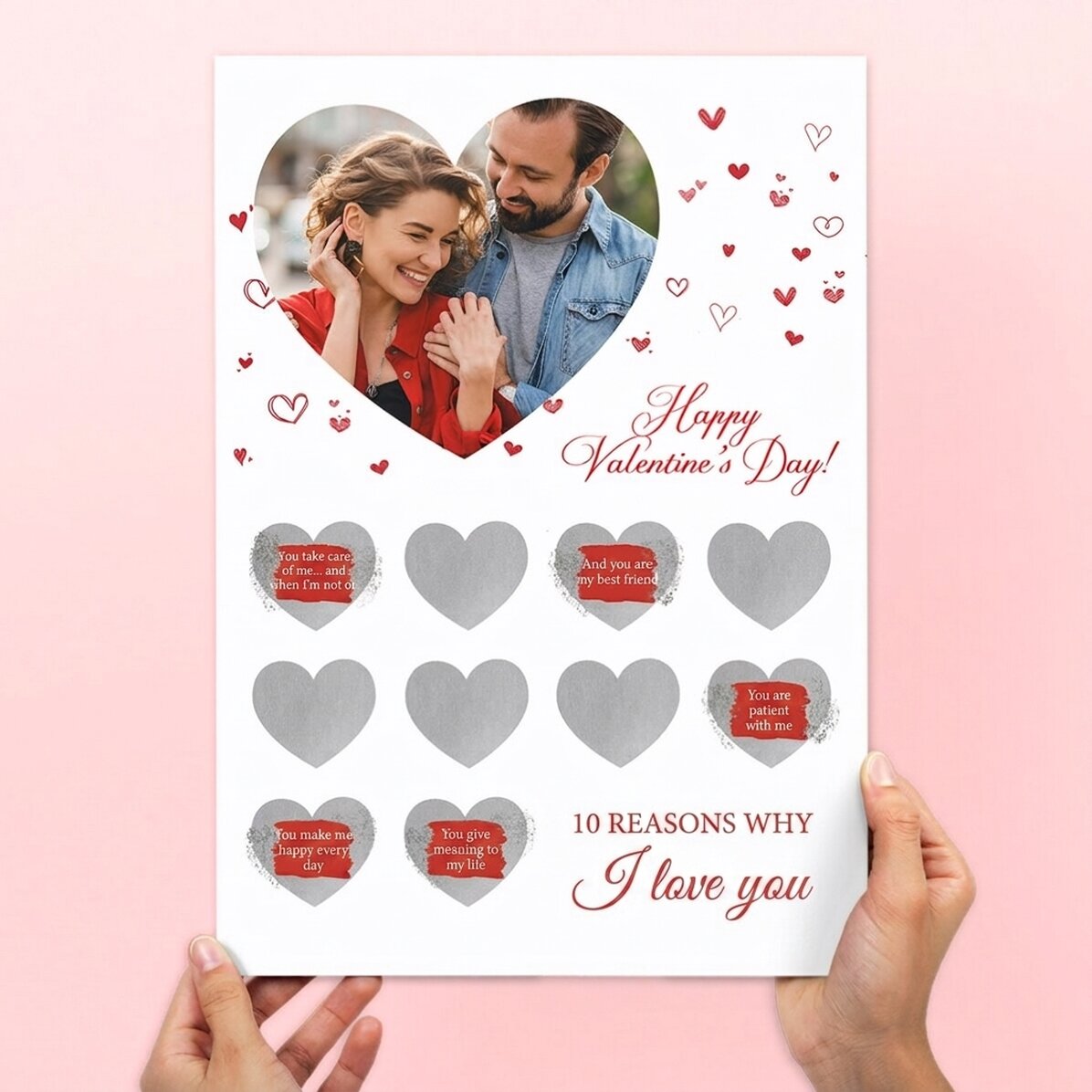 Individuell gestaltetes Rubbelposter mit Foto und Text – 10 Gründe, warum ich dich liebe