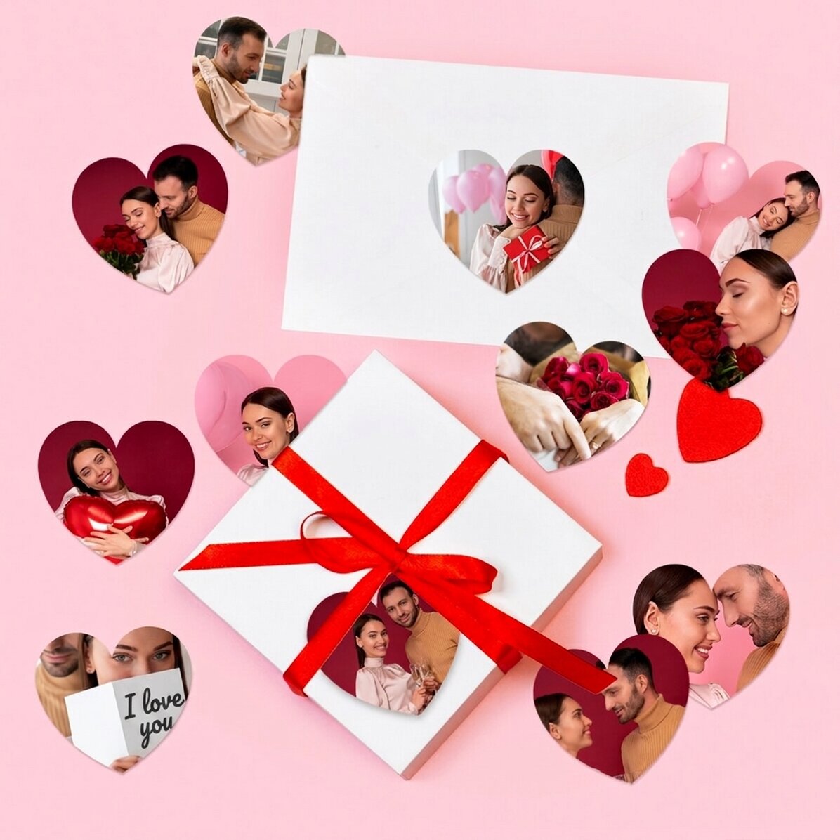 Set mit 12 Aufklebern (selbstklebende Etiketten) in Herzform, individuell mit Fotos gestaltet