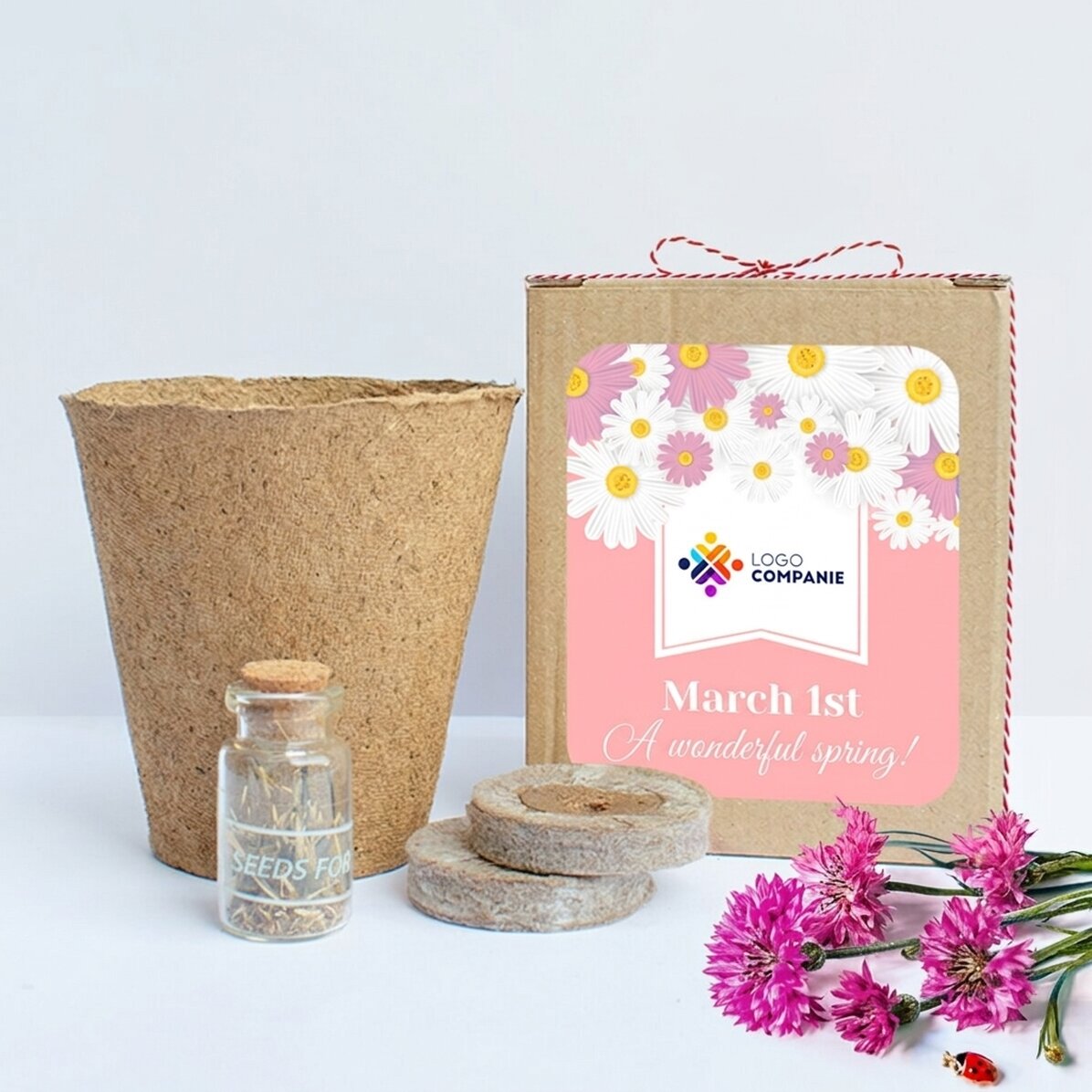 Pflanzset für Frühlingsblumen in einer personalisierten Schachtel mit Logo und Botschaft – Floral