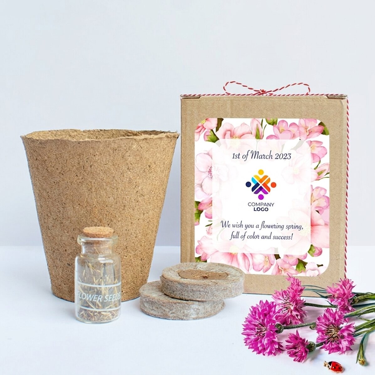 Set zum Pflanzen von Frühlingsblumen in einer personalisierten Schachtel mit Logo und Botschaft