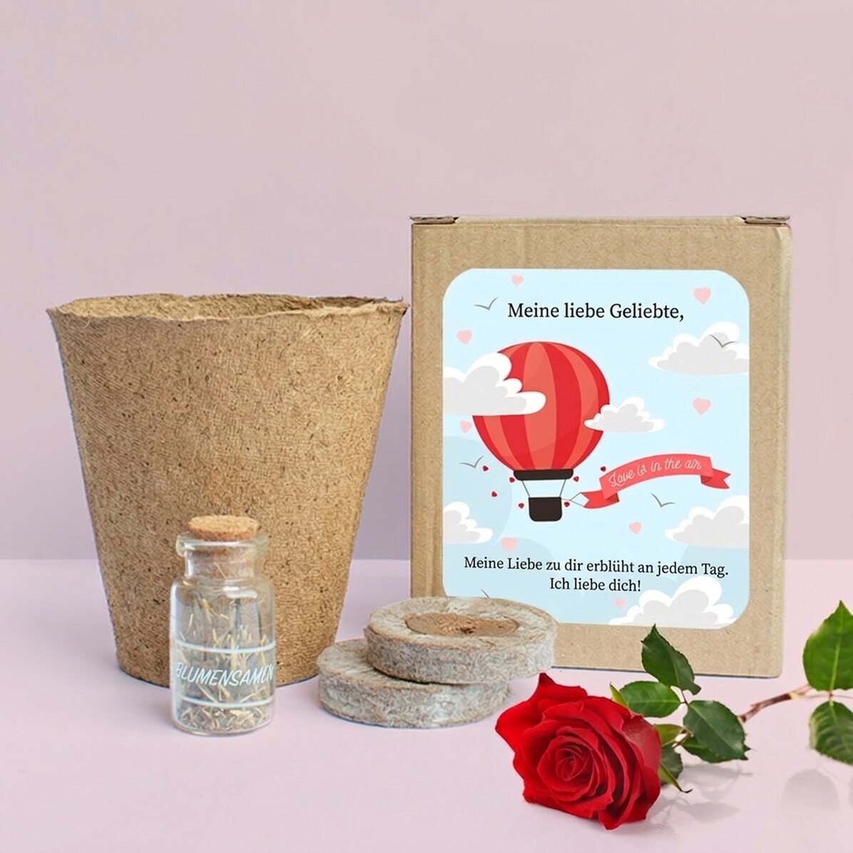 Set zum Pflanzen von Frühlingsblumen in einer personalisierten Schachtel mit Botschaft – Love is in 