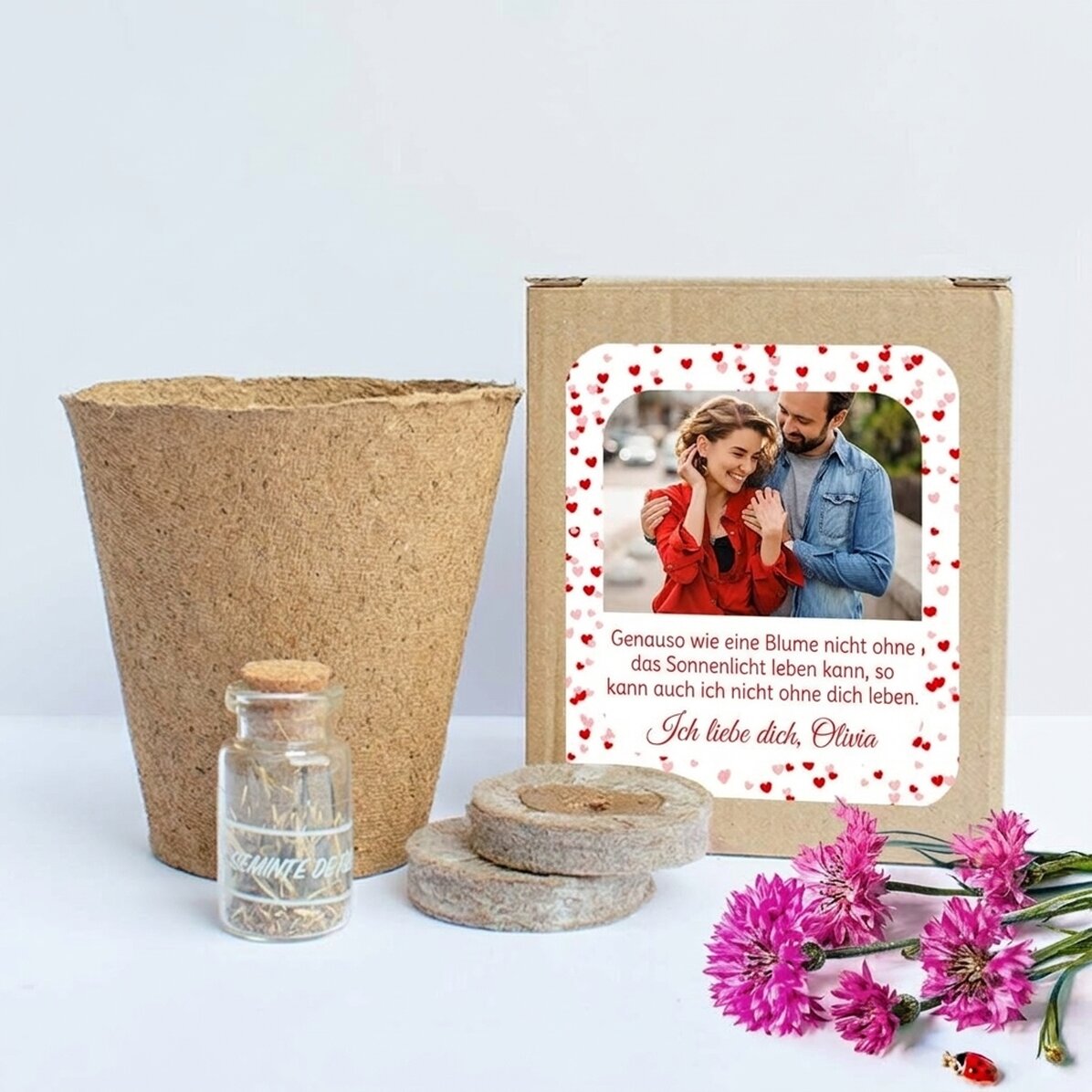 Pflanzset für Frühlingsblumen in einer personalisierten Schachtel mit Foto und Botschaft – Love