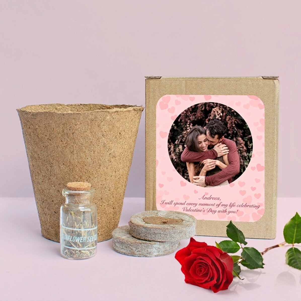 Set zum Pflanzen von Frühlingsblumen in einer personalisierten Schachtel mit Foto und Botschaft – He