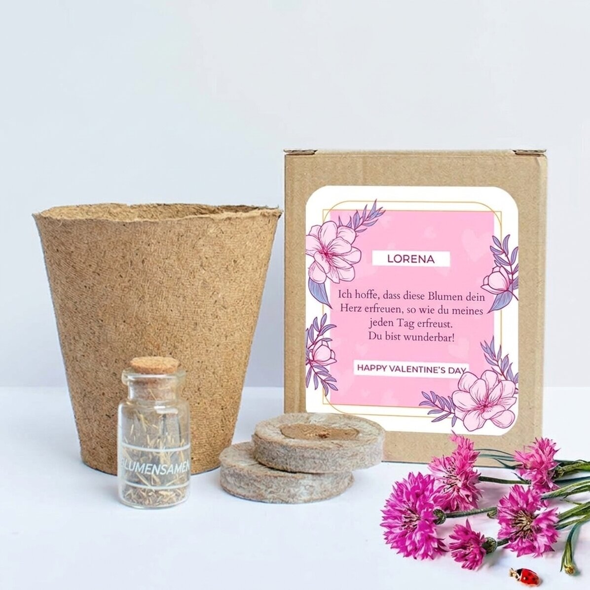 Set zum Pflanzen von Frühlingsblumen in einer personalisierten Schachtel mit der Aufschrift „Ich lie