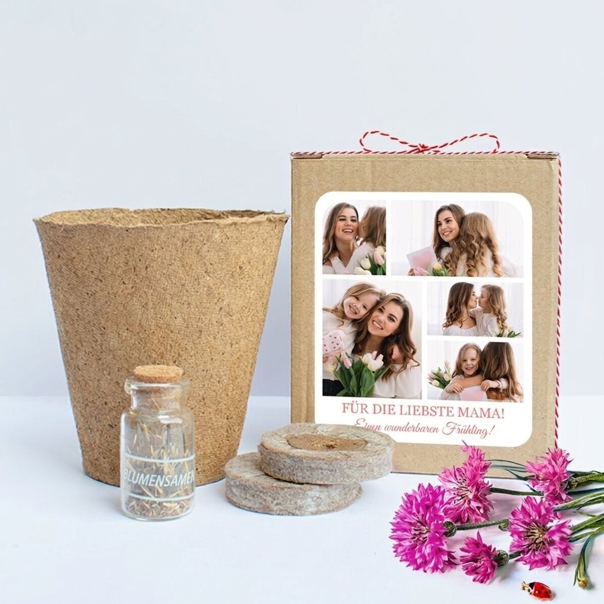 Set zum Pflanzen von Frühlingsblumen in einer personalisierten Schachtel mit Fotocollage und Widmung