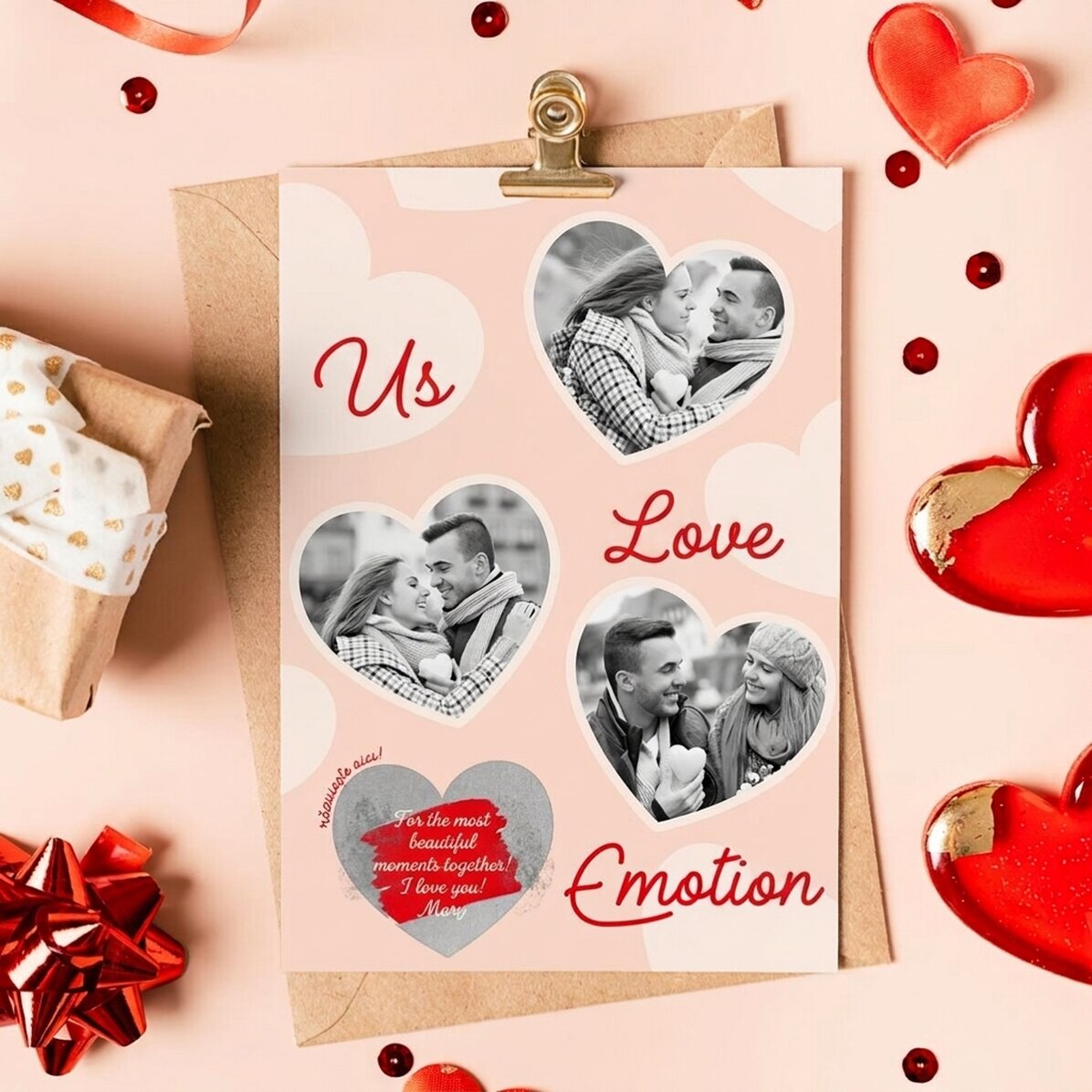 Individuell gestaltete Rubbelkarte mit 3 Fotos und Text – Emotionen und Liebe