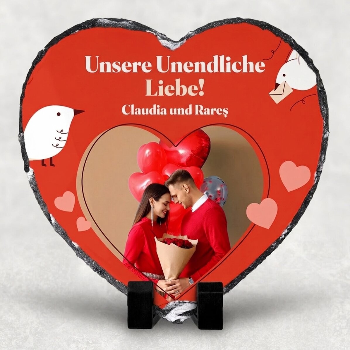 Herzförmiger Schiefer, individuell gestaltet mit einem Foto und einem Text – Unsere unendliche Liebe