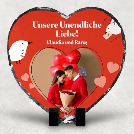 Herzförmiger Schiefer, individuell gestaltet mit einem Foto und einem Text – Unsere unendliche Liebe