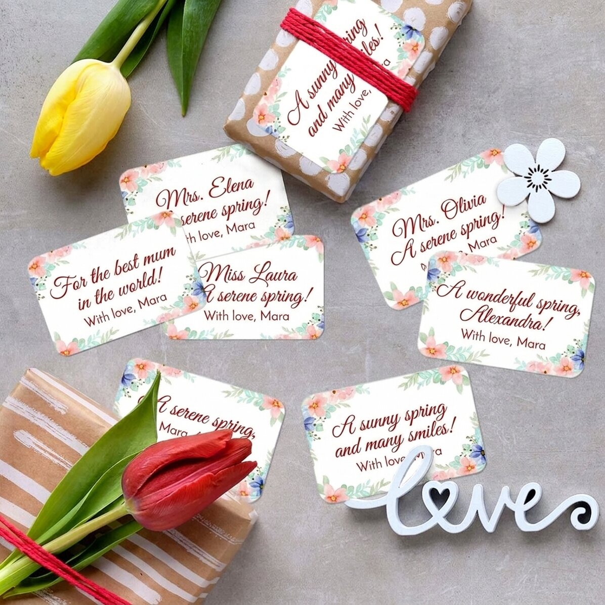 Set mit 8 individuell gestalteten Aufklebern (selbstklebende Etiketten) mit Botschaften – Floral