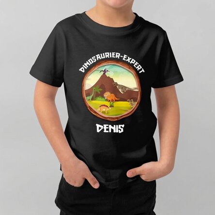 Personalisiertes Baumwoll-T-Shirt für Kinder mit Aufdruck – Dinosaurier-Experte