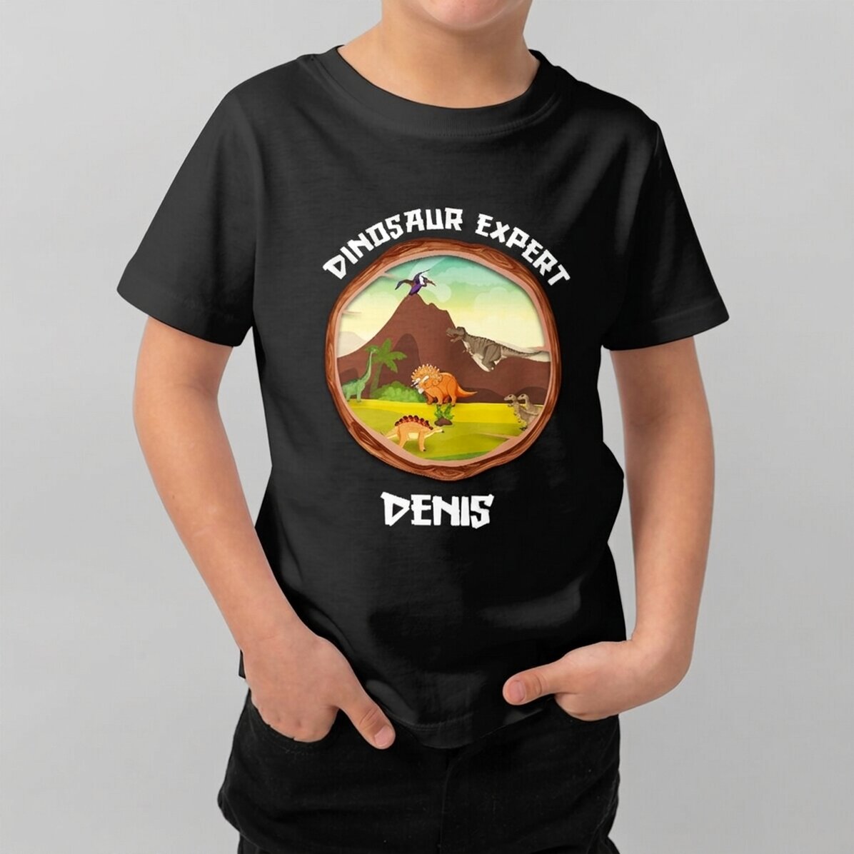 Personalisiertes Baumwoll-T-Shirt für Kinder mit Aufdruck – Dinosaurier-Experte
