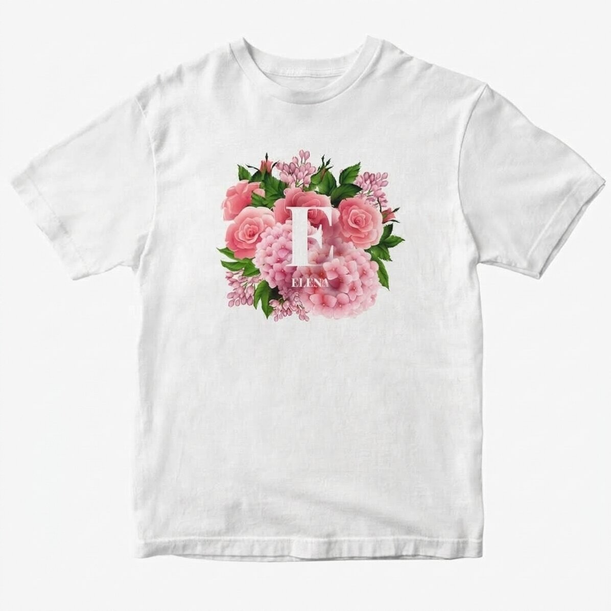 Personalisiertes Baumwoll-T-Shirt mit Initiale und Namen – Frühlingsblumen