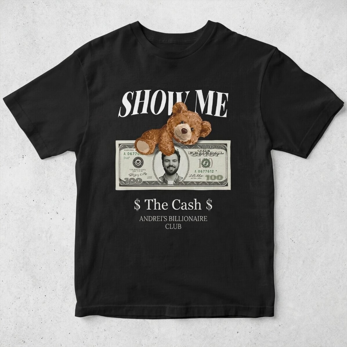 Personalisiertes Baumwoll-T-Shirt mit Foto und Text – „Show me the money“