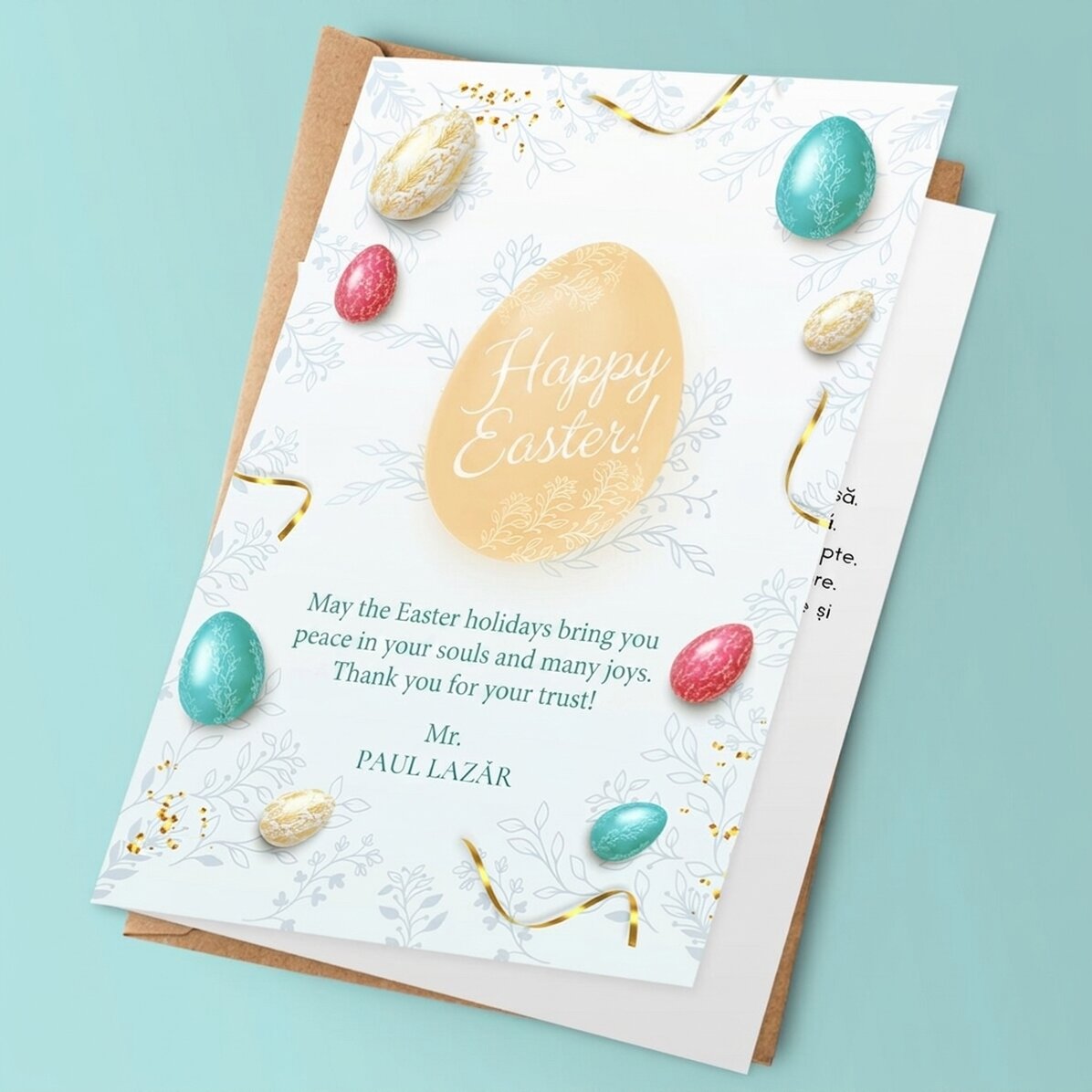 Individuell gestaltete Grußkarte mit Logo und Botschaft – Frohe Ostern!