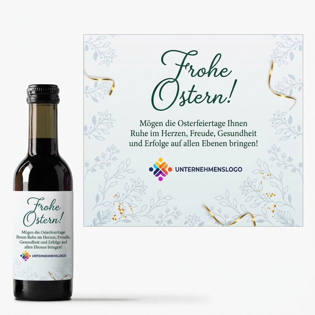 Kleine, individuell gestaltete Weinflasche mit Logo und Grußtext – Frohe Ostern!
