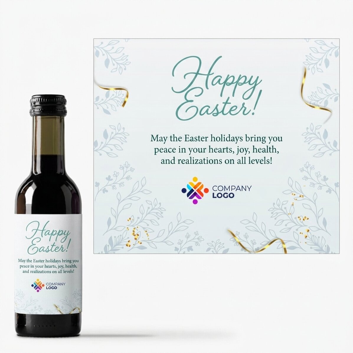 Kleine, individuell gestaltete Weinflasche mit Logo und Grußtext – Frohe Ostern!