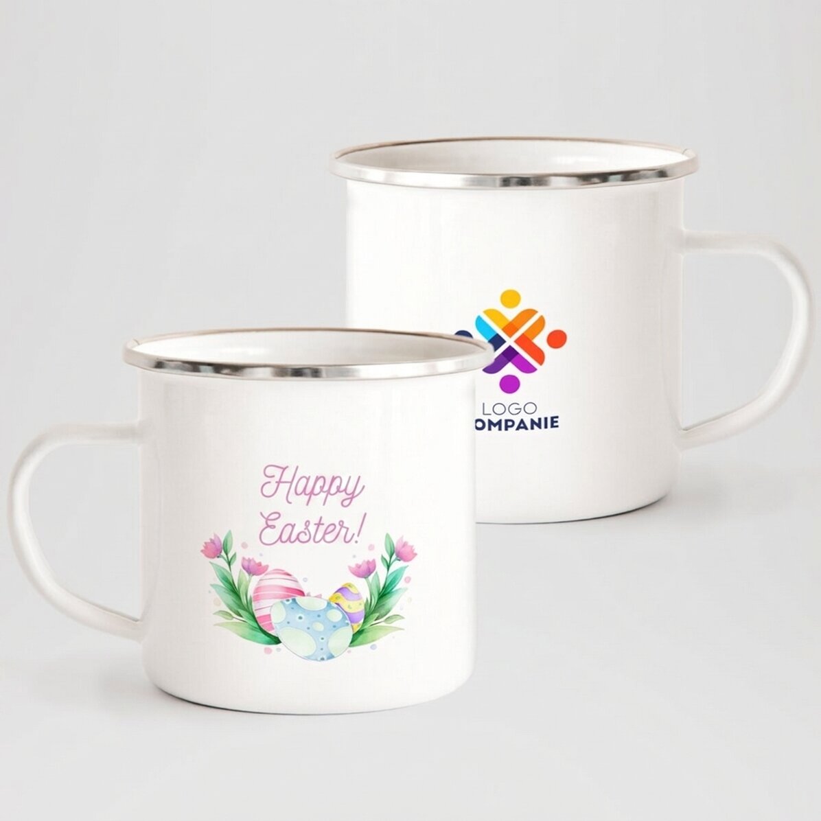 Emaillierter Metallbecher, individuell gestaltet mit Logo und Text – Frohe Ostern!