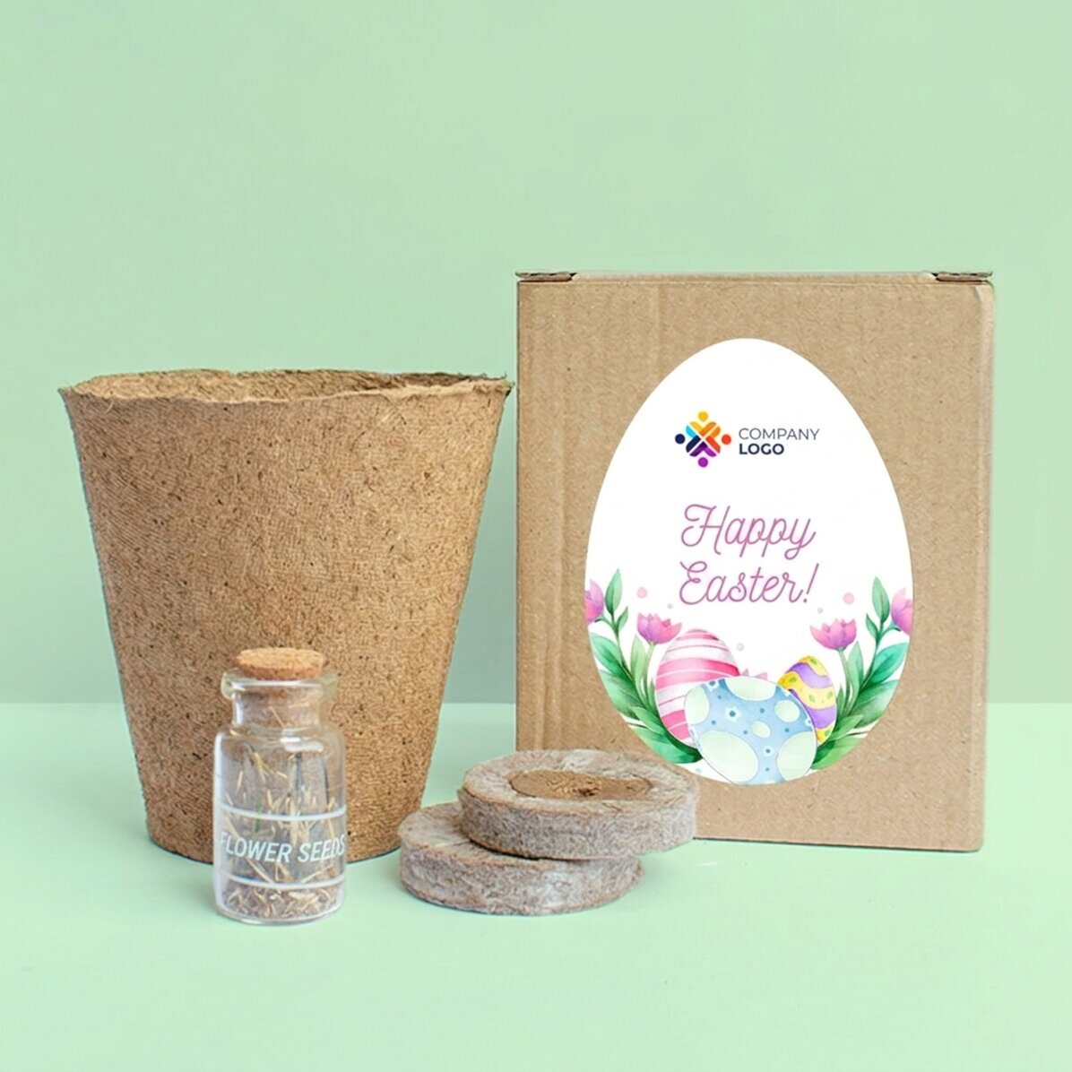 Blumenpflanz-Set in einer personalisierten Schachtel mit Logo und Text – Frohe Ostern!