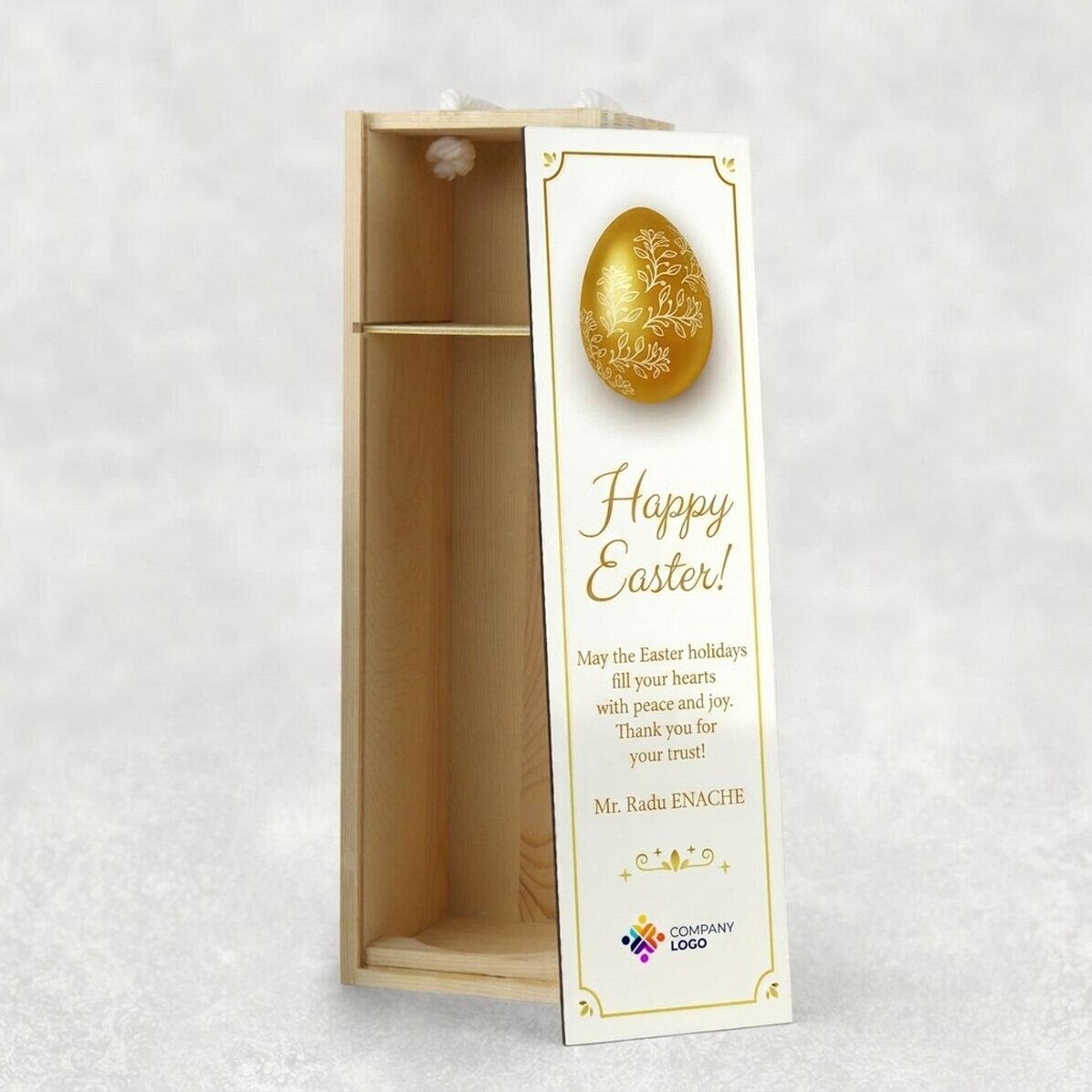Personalisierte Weinkiste mit Logo und Grußtext – Frohe Ostern!