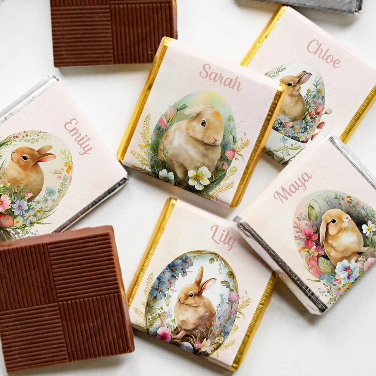 Set mit 5 personalisierten Mini-Pralinen mit Botschaft – Osterhasen