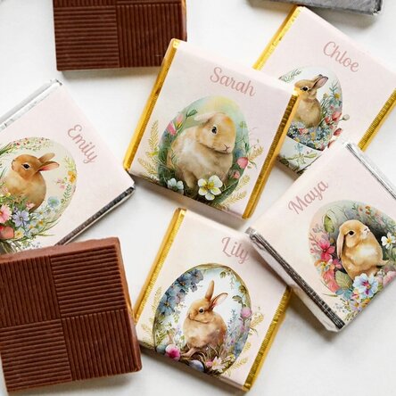 Set mit 5 personalisierten Mini-Pralinen mit Botschaft – Osterhasen