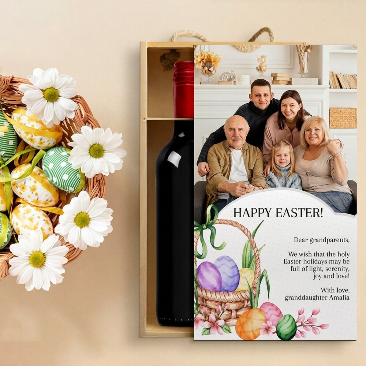 Weinkiste für 2 Flaschen, individuell gestaltet mit einem Foto und einer Osterbotschaft