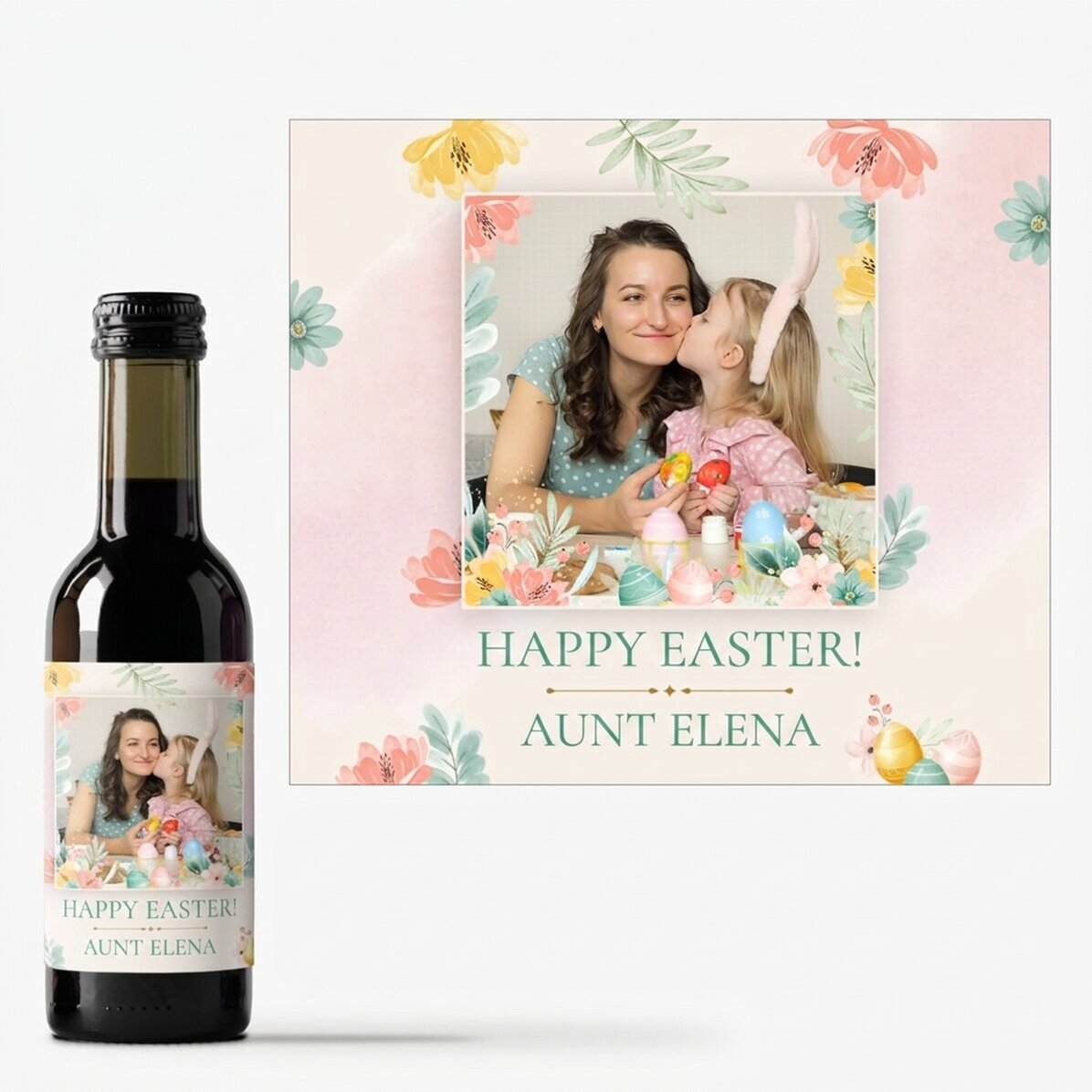 Personalisierte Mini-Weinflasche mit Foto und Text – Frohe Ostern