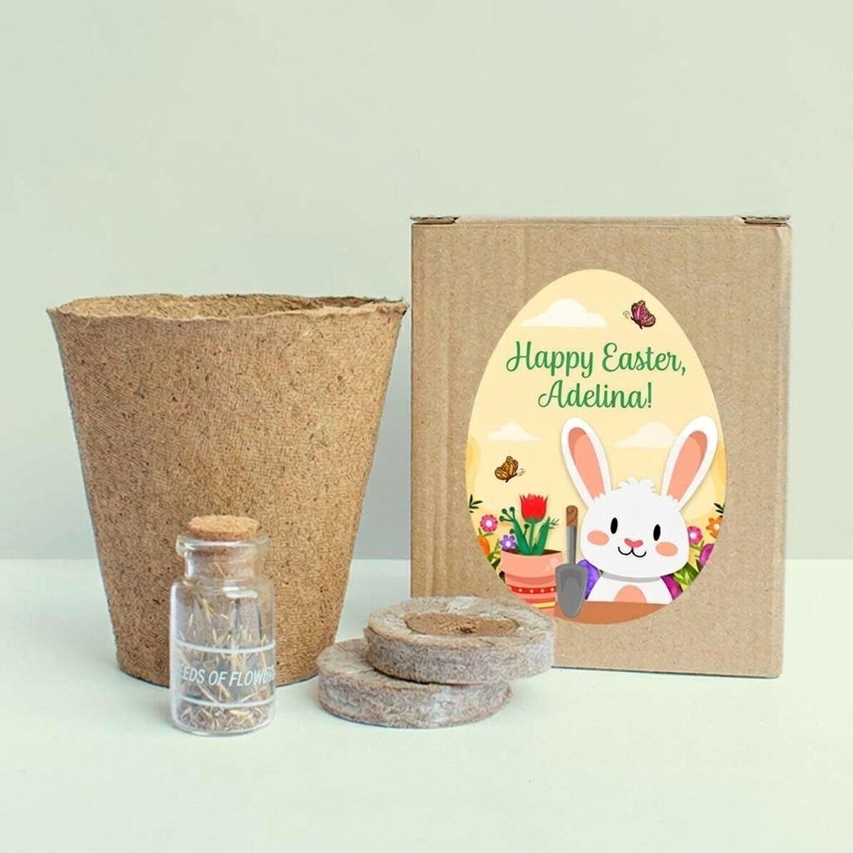 Blumenpflanz-Set in einer personalisierten Schachtel mit Text für Kinder – Ostern
