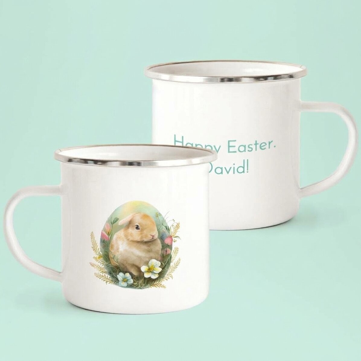 Personalisierter emaillierter Metallbecher mit der Aufschrift „Frohe Ostern!“