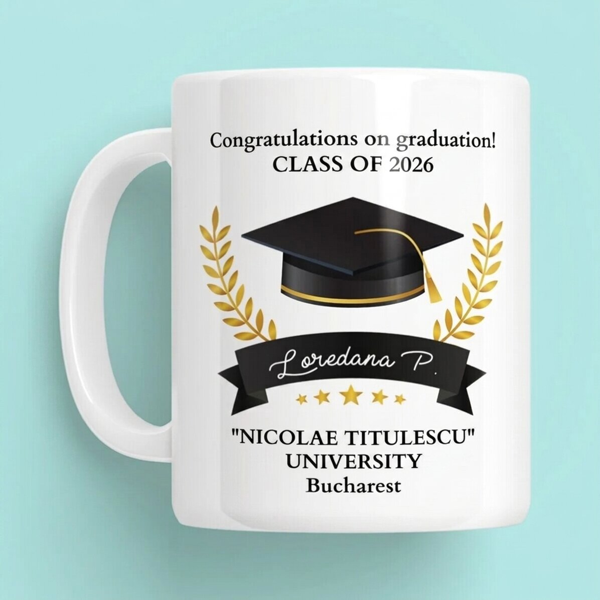 Personalisierte Tasse mit Text – Glückwünsche zum Schulabschluss