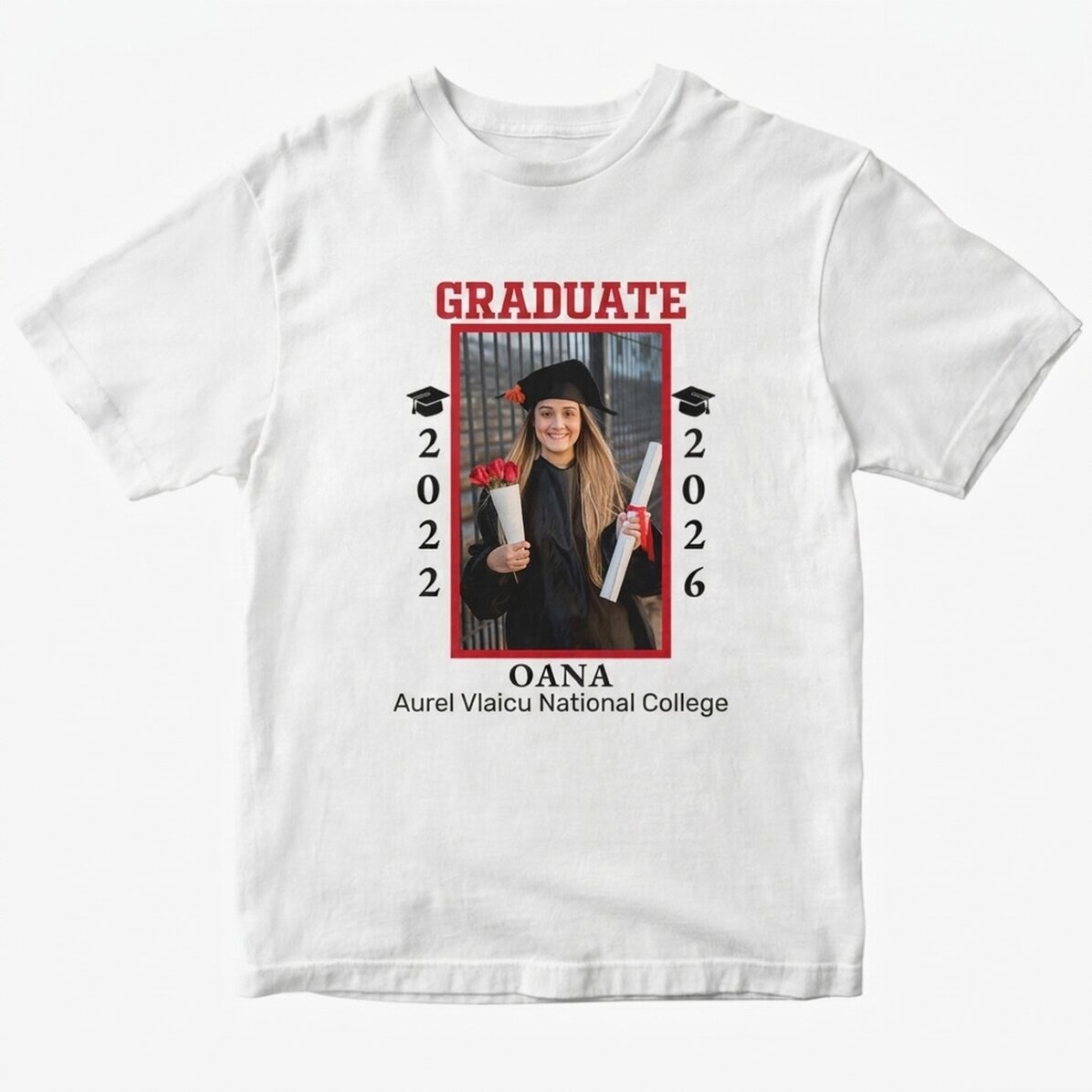 Personalisiertes Baumwoll-T-Shirt mit Foto und Text – Schulabschluss