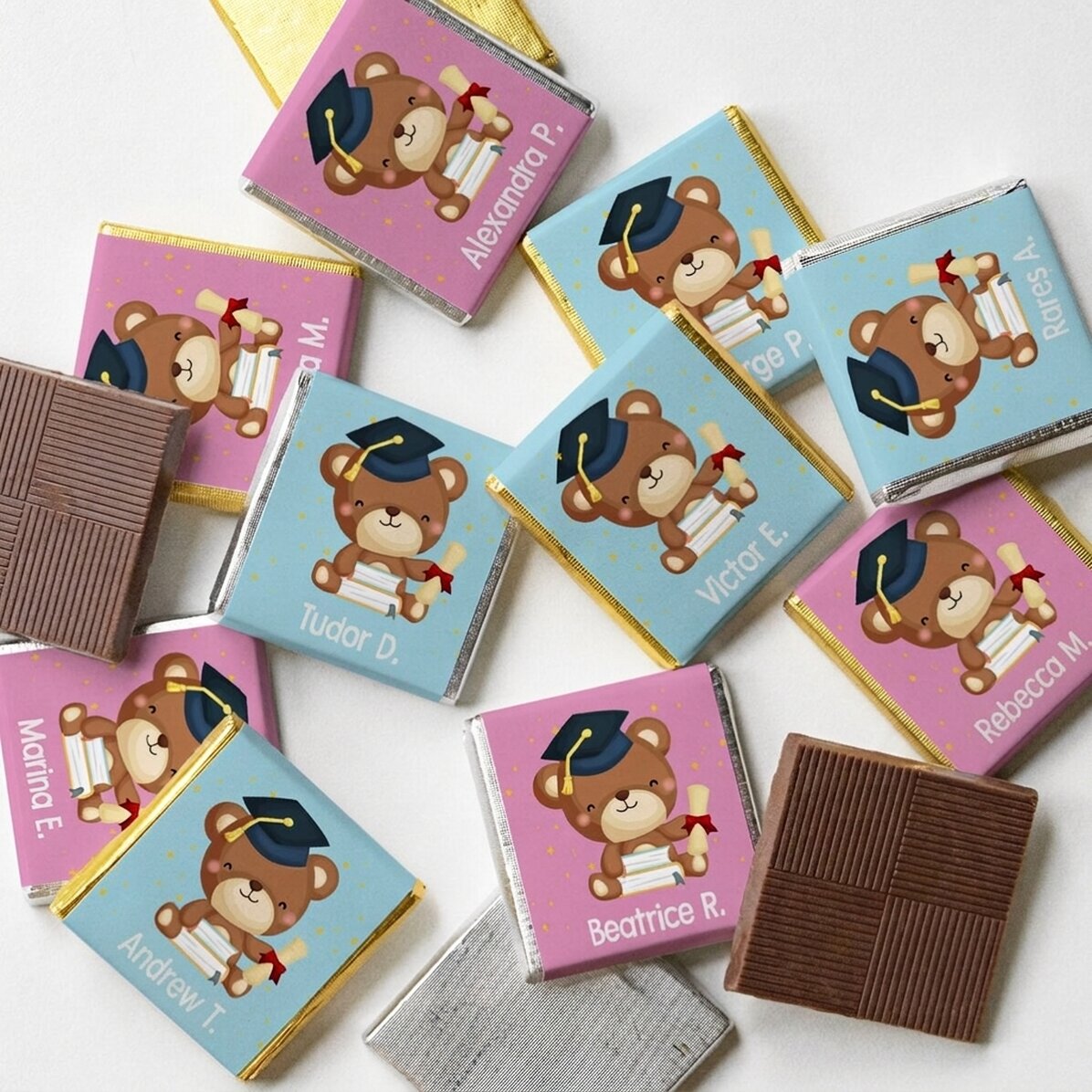 Set mit 10 personalisierten Mini-Schokoladen zum Schulabschluss – Bärchen