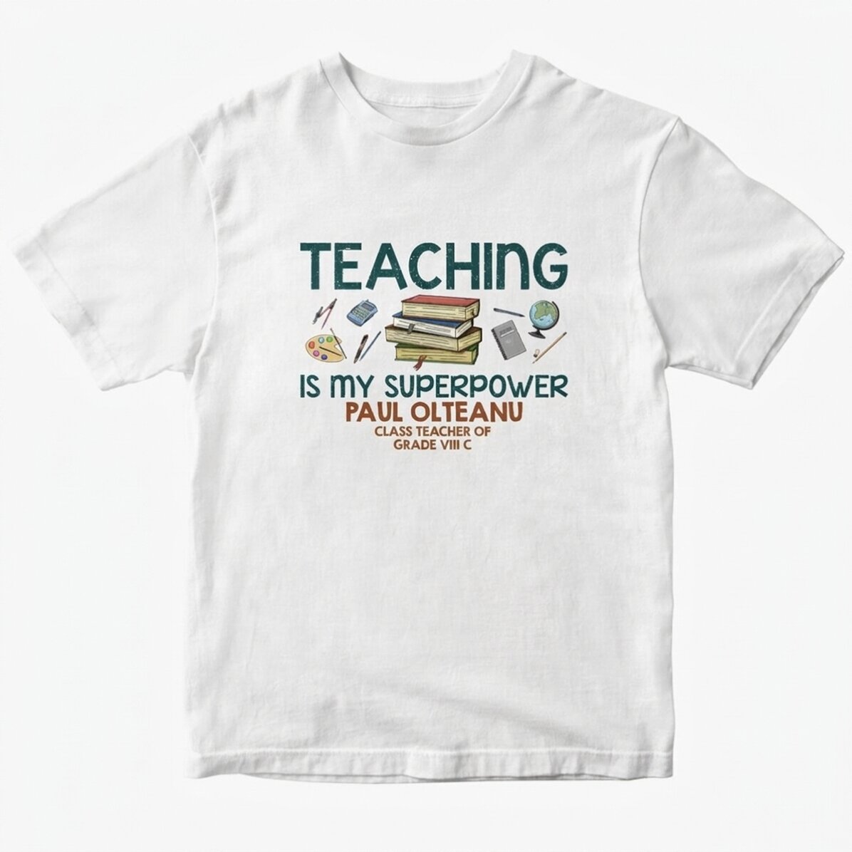 Personalisiertes Baumwoll-T-Shirt mit Aufdruck – „Teaching is my superpower“