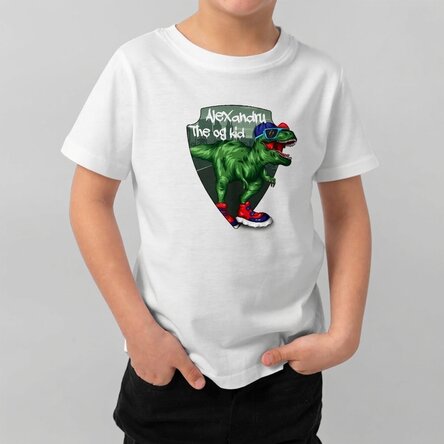 Personalisiertes Baumwoll-T-Shirt für Kinder mit Aufdruck – Cooler Dinosaurier