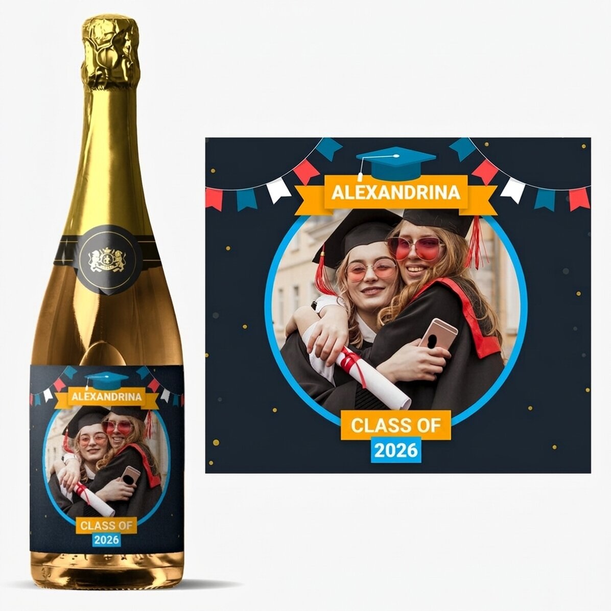 Personalisierter Sekt mit Text und Foto zum Schulabschluss