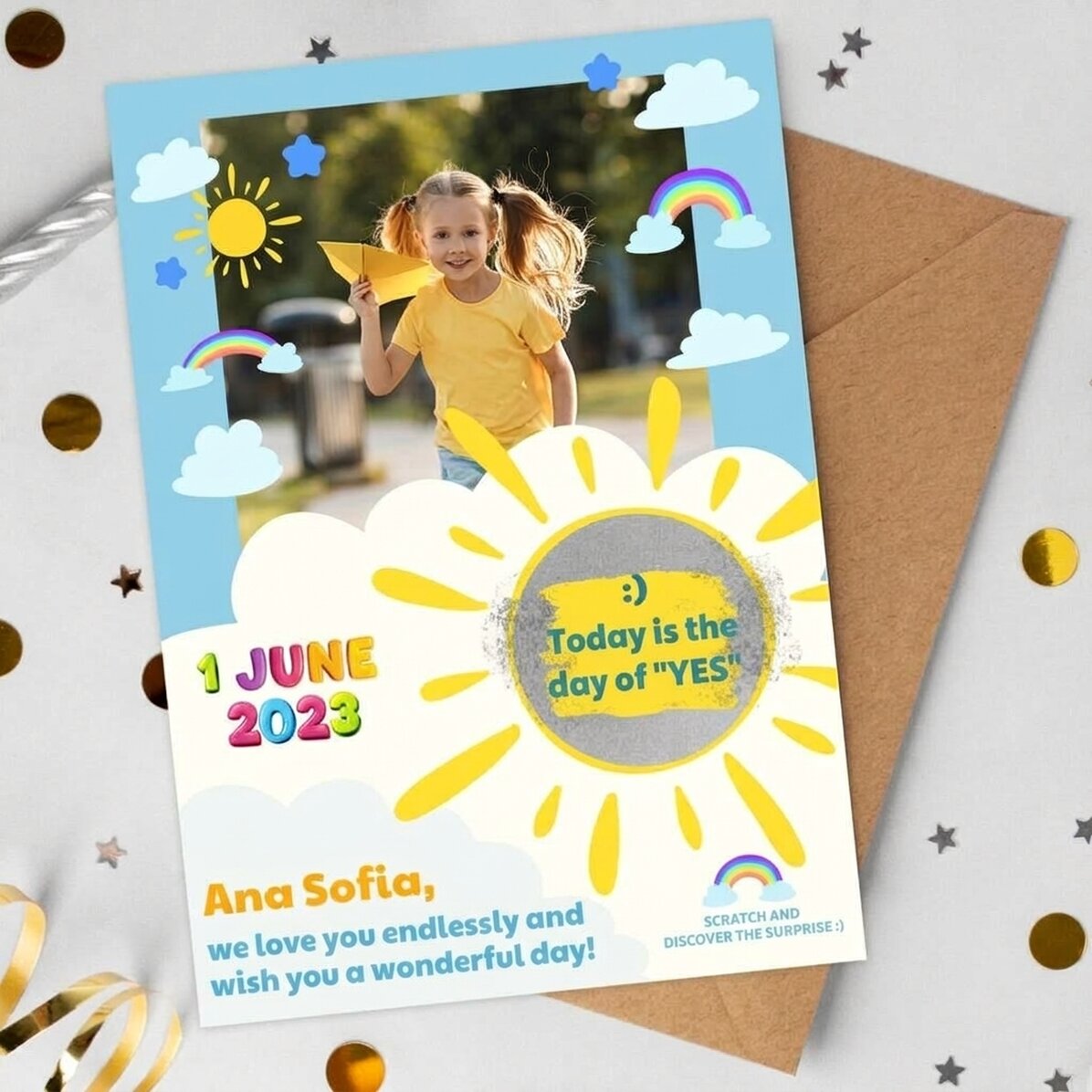 Individuell gestaltete Rubbelkarte mit Foto und Botschaft für Kinder zum 1. Juni