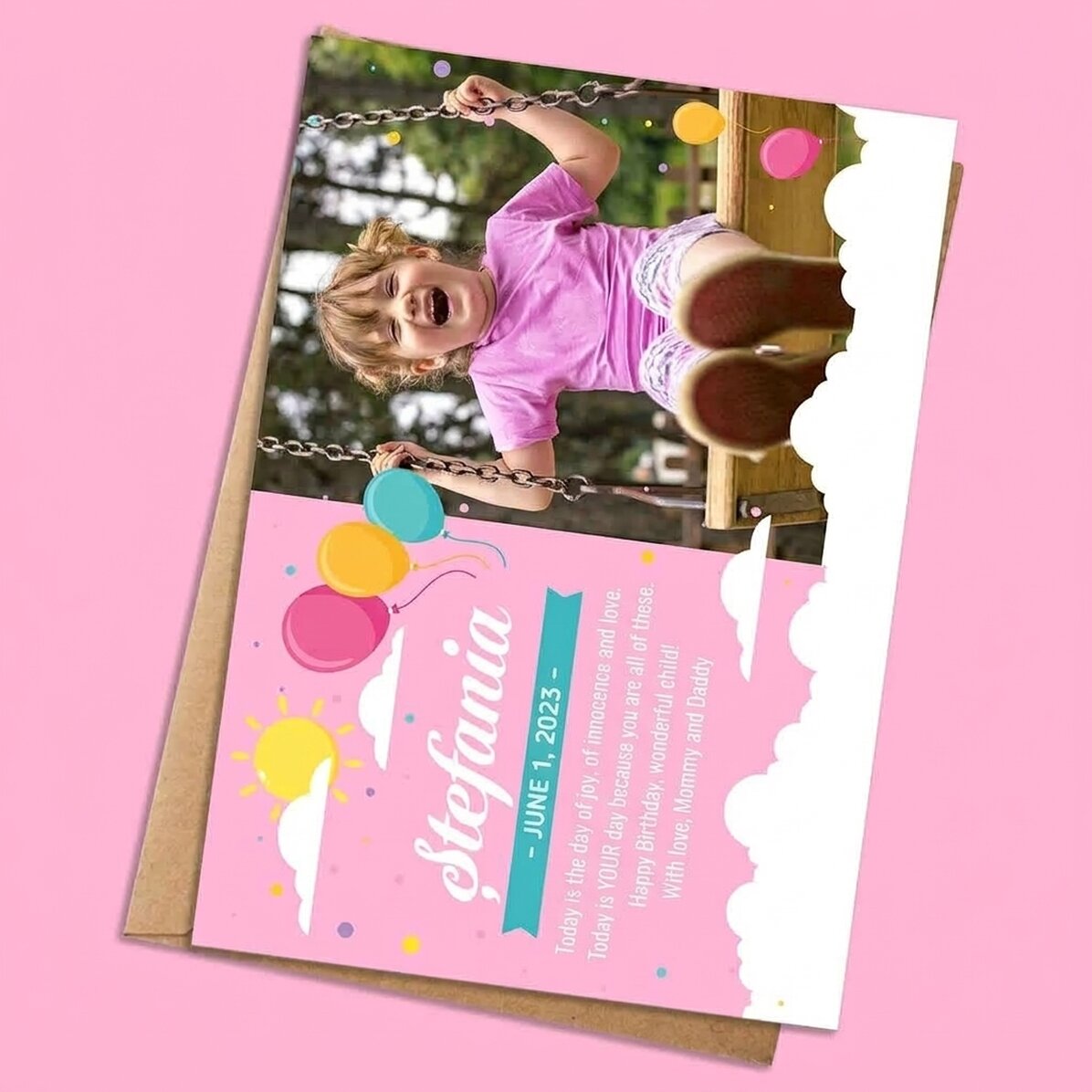 Individuell gestaltete Karte mit Grußtext und Foto zum Kindertag