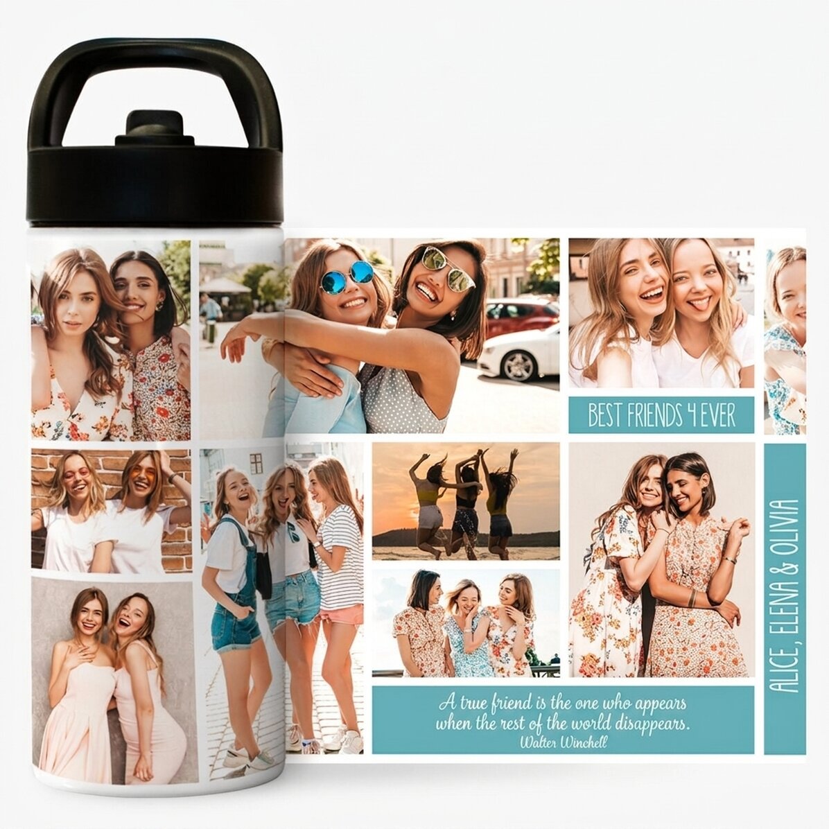 Thermoskanne mit Griff und personalisiertem Strohhalm mit Fotocollage und Text