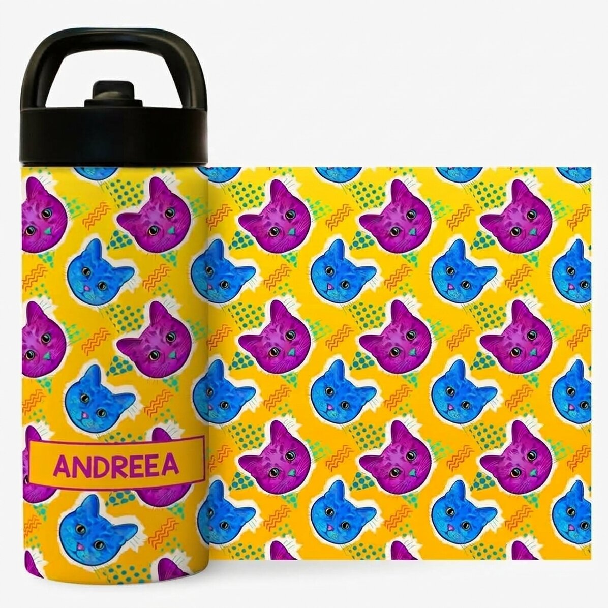 Thermosflasche mit Griff und personalisiertem Strohhalm – Bunte Kätzchen